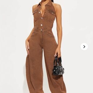 Fashion Nova Brown Denim Halter Jumpsuit
